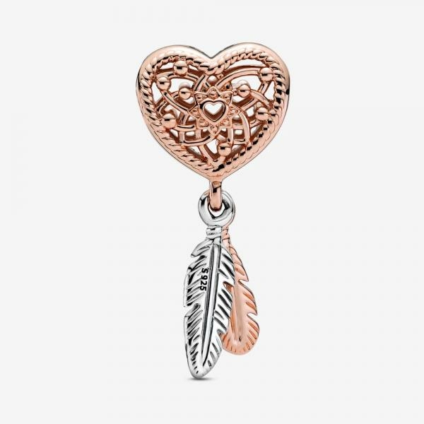 Pandora ékszer Áttört szív és tollak álomfogó rozé charm 789068C00