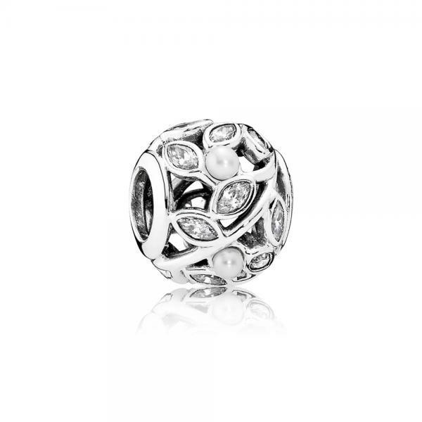 Pandora ékszer Fénylő levelek ezüst charm cirkóniával tenyésztett gyönggyel 791754P