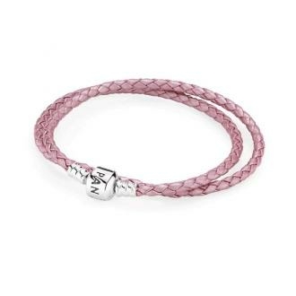 Pandora ékszer Fonott bőr rózsaszí­n dupla karkötő ezüsttel 590705CMP