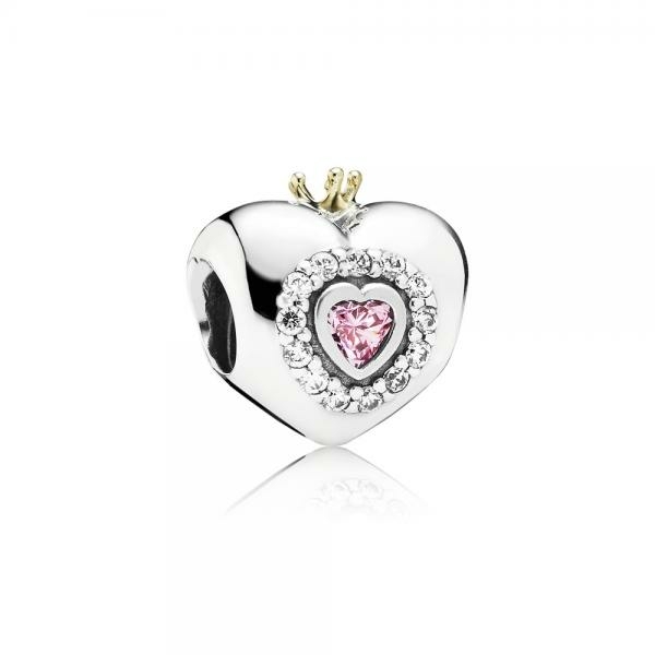 Pandora ékszer Rózsaszí­n hercegnő szí­v ezüst charm cirkóniával 14K arannyal 791375PCZ