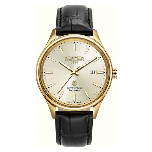 Roamer Optimus arany színű automata férfi óra fekete bőr szíjjal 983983483505