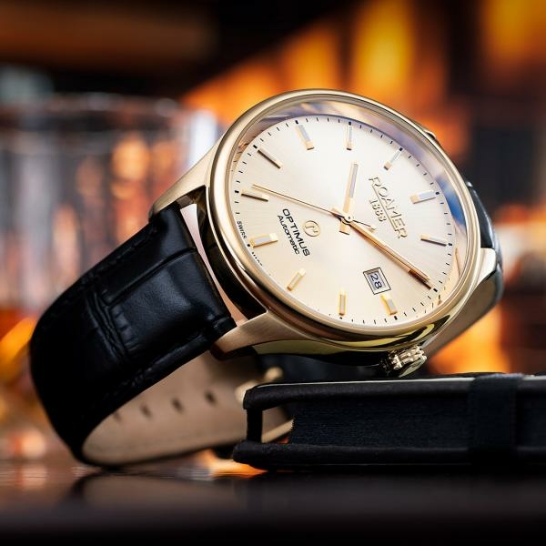 Roamer Optimus arany színű automata férfi óra fekete bőr szíjjal 983983483505