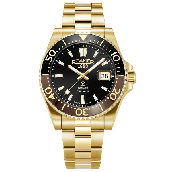 Roamer Premier barna fekete számlapos arany színű automata férfi óra 986983488520