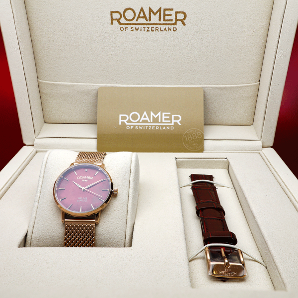 Roamer Valais piros gyöngyház számlapos rozé női óra szett gyémánttal 989847466005