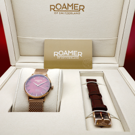 Roamer Valais piros gyöngyház számlapos rozé női óra szett gyémánttal 989847466005