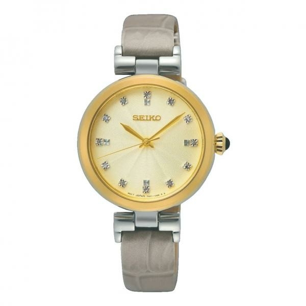 Seiko Kvarc arany színű bőrszíjas női óra gyémántokkal SRZ546P1