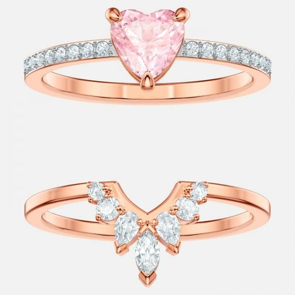 Swarovski Rózsaarany gyűrű szett rózsaszín kristállyal 