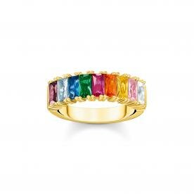 Thomas Sabo Széles aranyozott ezüst gyűrű csiszolt színes kövekkel 
