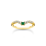 Thomas Sabo V alakú aranyozott ezüst gyűrű zöld és fehér kövekkel 