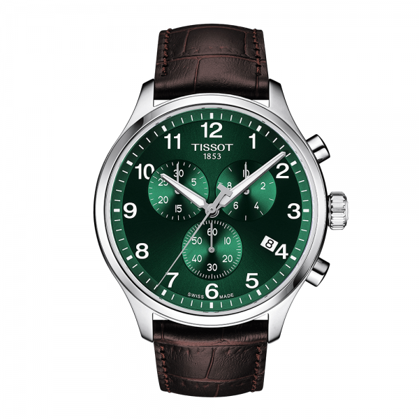 Tissot Chrono XL zöld számlapos barna bőr szíjas férfi óra T1166171609200