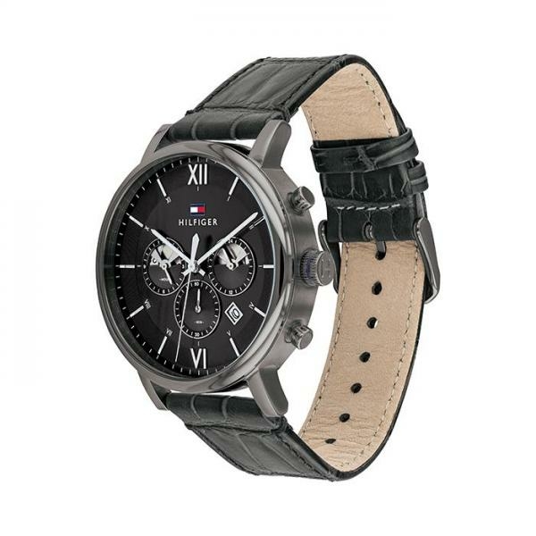 Tommy Hilfiger Evan fekete bőr szíjas dual time férfi óra 1710395