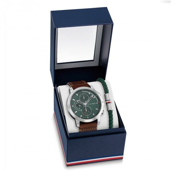 Tommy Hilfiger Ezüst színű zöld számlapos barna bőrszíjas férfi óra szett karkötővel 2770154