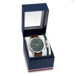Tommy Hilfiger Ezüst színű zöld számlapos barna bőrszíjas férfi óra szett karkötővel 2770154