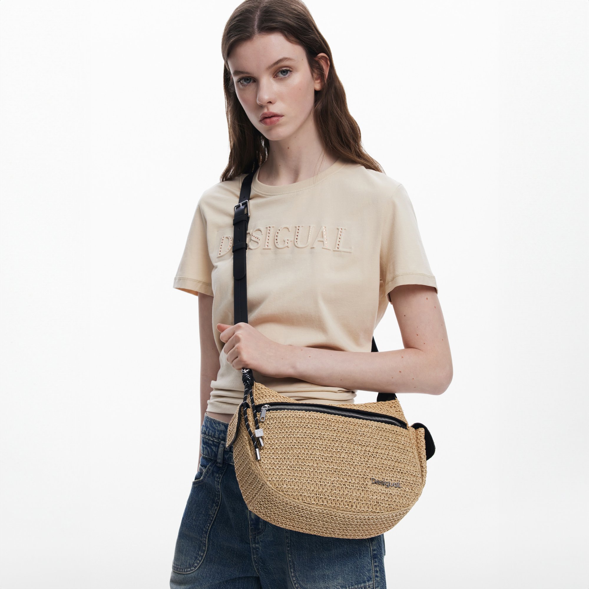 Desigual Mone Logo Raffia Phone Bag Natural