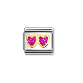 Nomination Dupla fukszia glitter szív 18k arany foglalatban charm - 030220-13