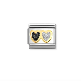 Nomination Dupla fekete fehér glitter szív 18k arany foglalatban charm 030220-15 Nomination Dupla fekete fehér glitter szív 18k arany foglalatban charm 030220-15