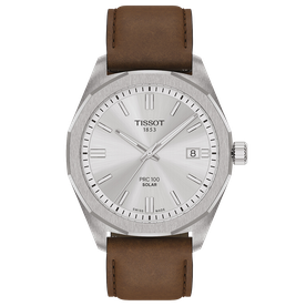Tissot PRC 100 Solar fehér számlapos barna bőrszíjas férfi karóra T1514221603100