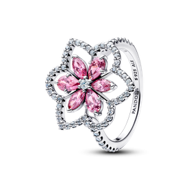 Pandora Rózsaszín dupla virág ezüst koktél gyűrű - 194577C01-48