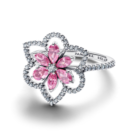 Pandora Rózsaszín dupla virág ezüst koktél gyűrű - 194577C01-48
