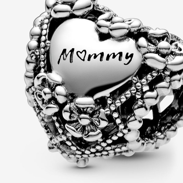 Pandora ékszer Virágos szív ezüst charm Mommy felirattal 798892C00