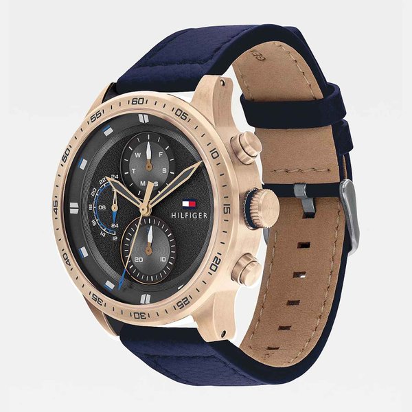 Tommy Hilfiger Trent sötétkék bőrszíjas férfi óra rozé színű tokkal 1791808