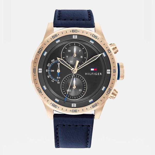 Tommy Hilfiger Trent sötétkék bőrszíjas férfi óra rozé színű tokkal 1791808