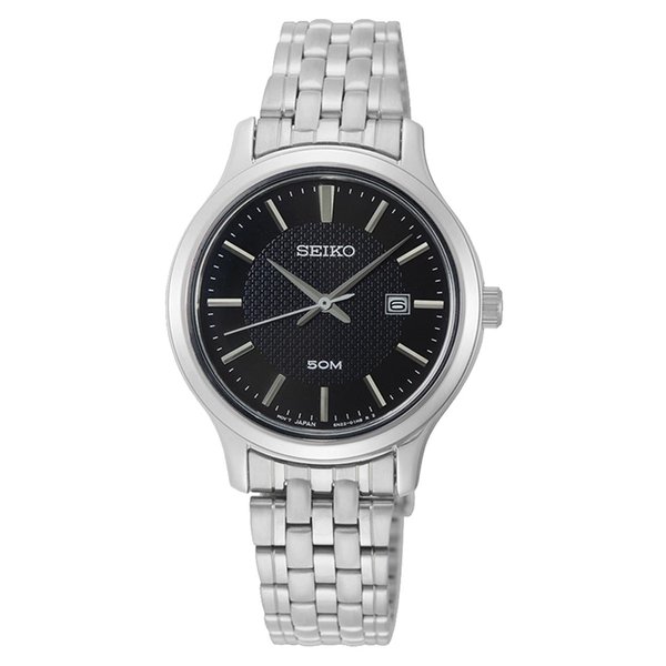 Seiko Ezüst fémszíjas női óra fekete számlappal SUR649P1
