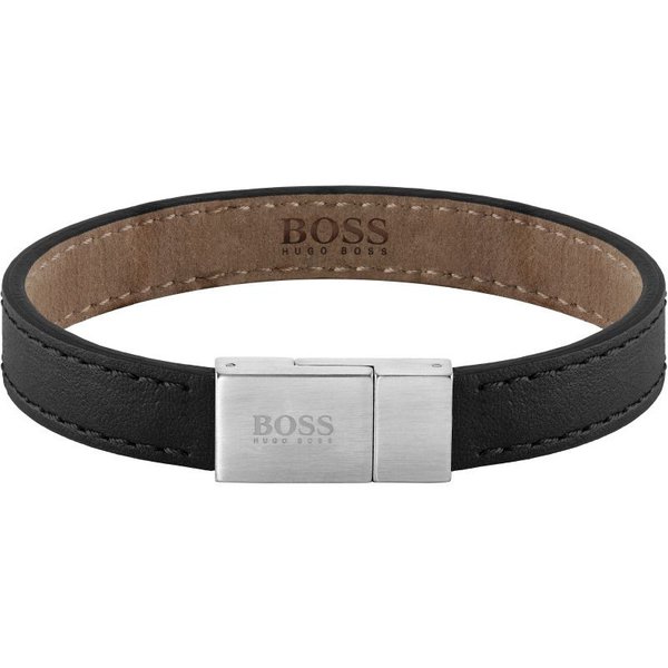 Boss Fekete bőr karkötő ezüst színű mágneskapoccsal 