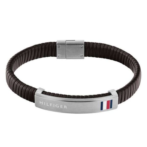 Tommy Hilfiger Barna bőr férfi karkötő ezüst színű lappal 2790348
