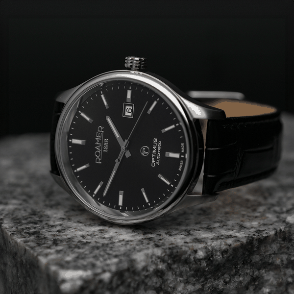 Roamer Optimus ezüst színű automata férfi óra fekete bőr szíjjal 983983418505