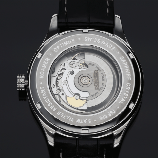 Roamer Optimus ezüst színű automata férfi óra fekete bőr szíjjal 983983418505