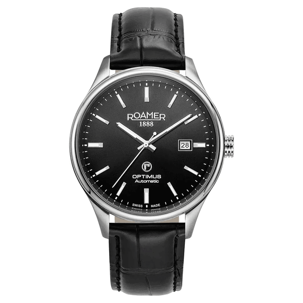 Roamer Optimus ezüst színű automata férfi óra fekete bőr szíjjal 983983418505