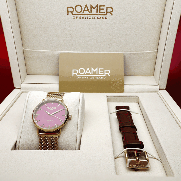 Roamer Valais piros gyöngyház számlapos rozé női óra szett gyémánttal 989847466005