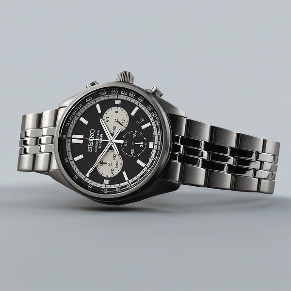 Seiko Fekete és fehér számlapos kvarc férfi chronograph ezüst karóra SSB429P1