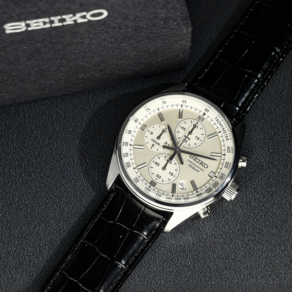 Seiko Chronograph bőrszíjas sárga számlapos karóra SSB383P1