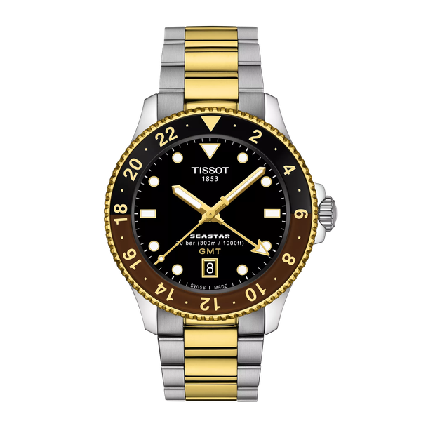 Tissot Seastar 1000 quartz GMT barna fekete bicolor számlapos karóra T1208522205100