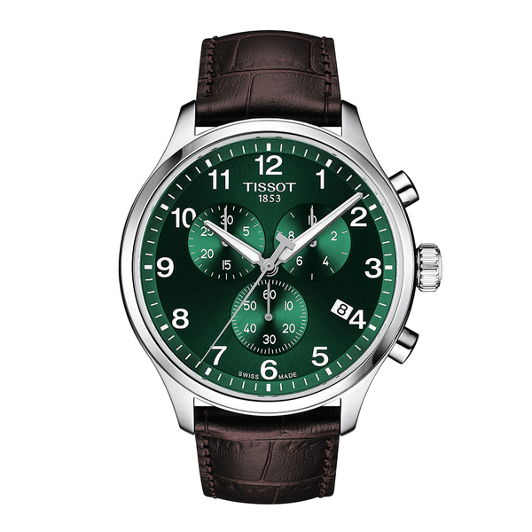 Tissot Chrono XL zöld számlapos barna bőr szíjas férfi óra T1166171609200