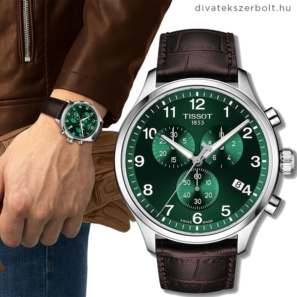Tissot Chrono XL zöld számlapos barna bőr szíjas férfi óra T1166171609200