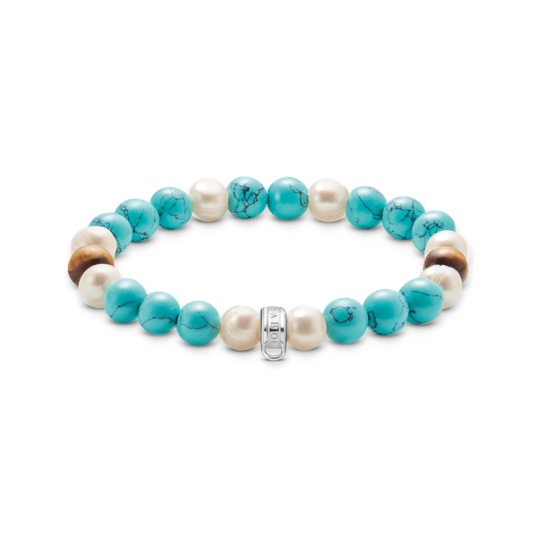 Thomas Sabo Türkiz gyöngy és tigrisszem gumis karkötő charm tartóval 