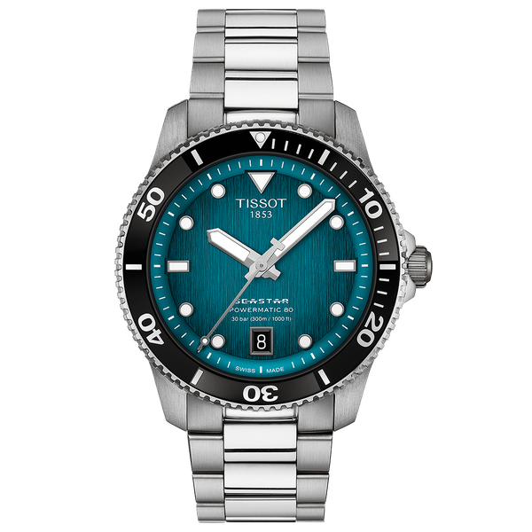 Tissot Seastar 1000 Powermatic 80 fém szíjas türkiz számlapos karóra T1208071109100