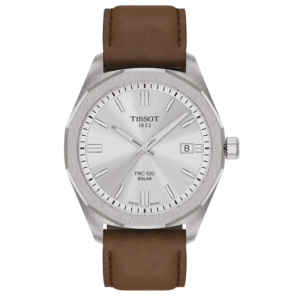 Tissot PRC 100 Solar fehér számlapos barna bőrszíjas férfi karóra T1514221603100