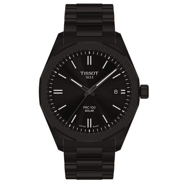 Tissot PRC 100 Solar fekete számlapos és fémszíjas férfi karóra T1514223305100