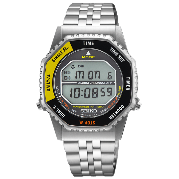 Seiko 'Rotocall' sárga és fekete lünettás digitális quartz chronograph karóra SMGG17P1 Seiko 'Rotocall' sárga és fekete lünettás digitális quartz chronograph karóra SMGG17P1