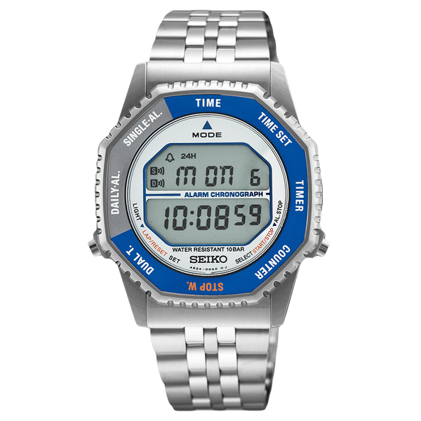 Seiko 'Rotocall' kék és szürke lünettás digitális quartz chronograph karóra SMGG21P1 Seiko 'Rotocall' kék és szürke lünettás digitális quartz chronograph karóra SMGG21P1