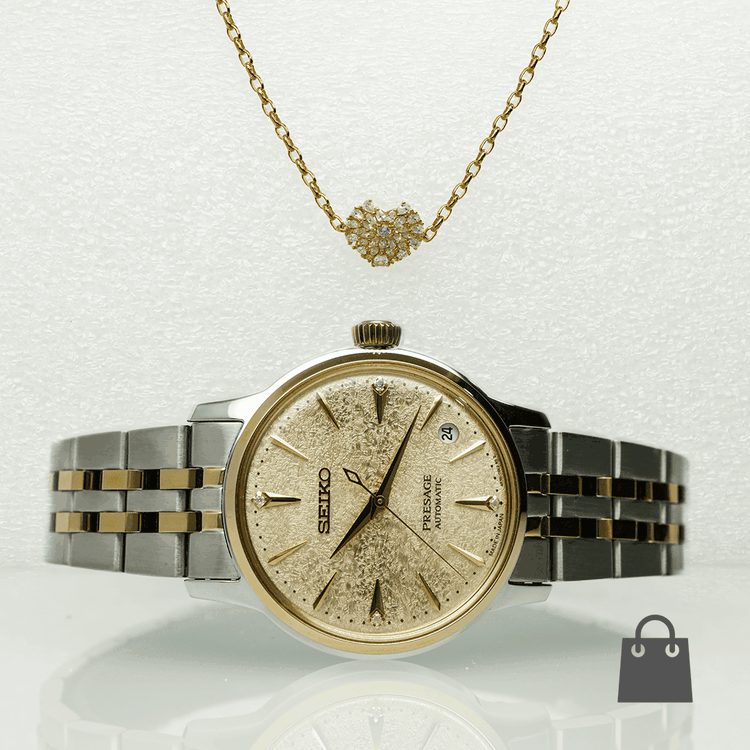 Prémium női szett Seiko Presage Frozen Daiquiri gyémántos karórával és cirkóniás Nomination szív karkötővel. Különleges ajándék elegáns alkalmakra.