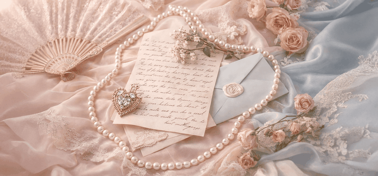 Időtlen romantika – klasszikus elegancia ihletésében 19. századi romantikus hangulat pasztell színekben: gyöngyök, kézzel írt levél és finom részletek egy időtlen világ ihletésében