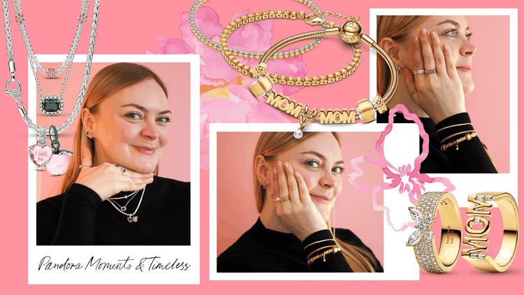 Pandora anyák napi ékszerek MOM MUM stílusos összeállításban Pandora anyák napi karkötők, charmok és gyűrűk modellen, MOM és MUM motívumokkal