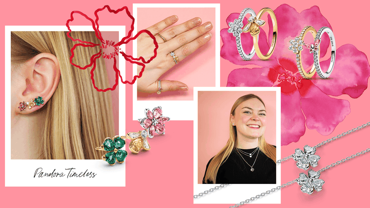 Pandora Timeless virágos ékszerek tavaszi összeállítása Pandora Timeless virágos gyűrűk, nyakláncok és fülbevalók modellen, tavaszi összeállításban