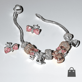 Pandora karkötő rózsaszín masnis charmokkal, fülbevalóval - szett