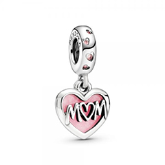 Pandora rózsaszín szív Mom felirattal függő ezüst charm